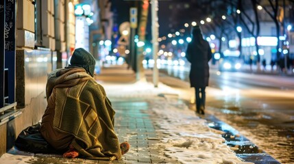 Obraz premium Homeless Person Sitting on Cold City Sidewalk at Night