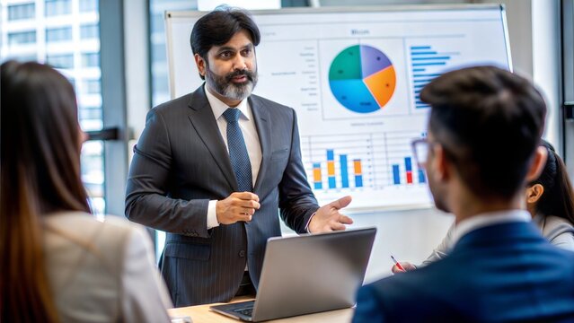 An Indian businessman presenting tax-related information during a meeting.
