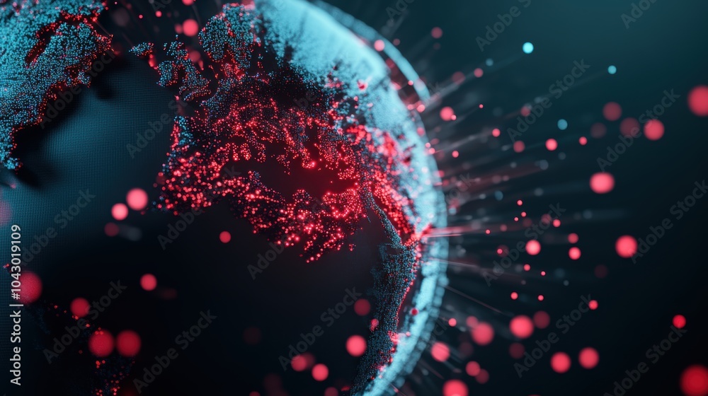 Wall mural a digital representation of a global network with red and blue lines representing opposing cyber for