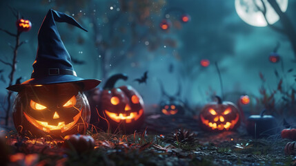 Haunting Jack-o'-Lanterns Illuminate Moonlit Patch, Witch's Hat and Broomstick Setting for Spooky Halloween Night