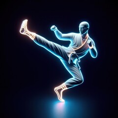 Naklejka premium gesture kick kung fu, black background. 3D rendering. Neon lights
