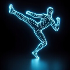Fototapeta premium gesture kick kung fu, black background. 3D rendering. Neon lights