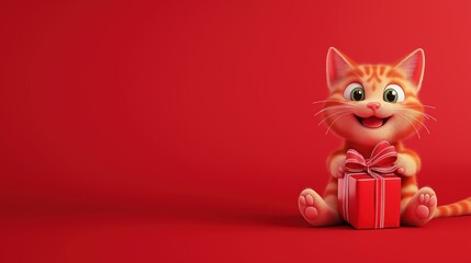A cheerful cartoon cat joyfully holding a gift while sitting on a vibrant red background, bringing a festive and playful atmosphere