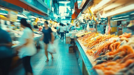 Obraz premium Vibrant seafood market with fresh fish and shellfish on display, bustling with activity.