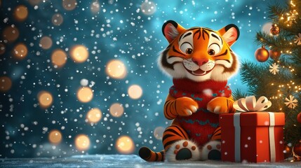 Cheerful cartoon tiger in a Christmas scarf sits beside a decorated tree with presents during a snowy winter evening