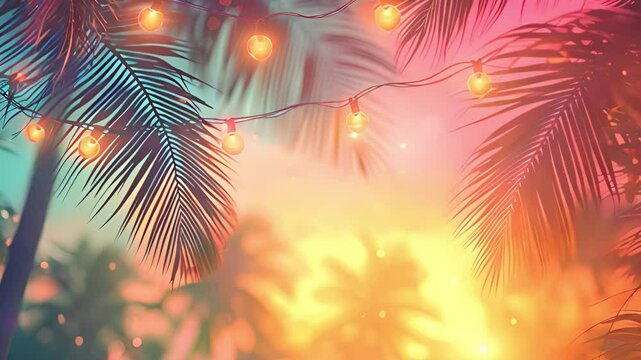 A tropical scene featuring palm trees adorned with string lights, creating a festive and inviting ambiance outdoors.