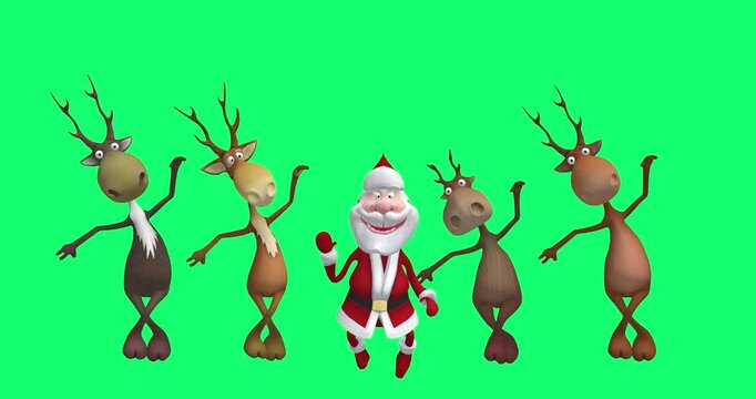 A 3D animated video of Santa and four reindeer celebrating with a dance on a green screen background.