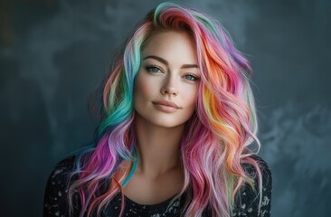 Fototapeta premium Beautiful woman with colorful hair, long wavy hair, bright colors of pink blue orange purple yellow