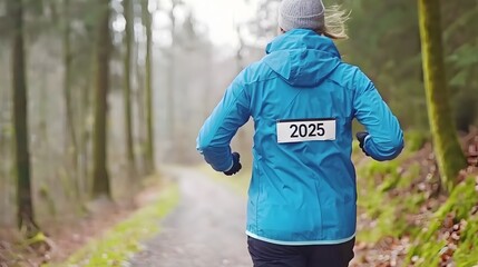 Naklejka premium Trail Run: “2025” : A jogger navigating a forest path, leaves crunching underfoot. 