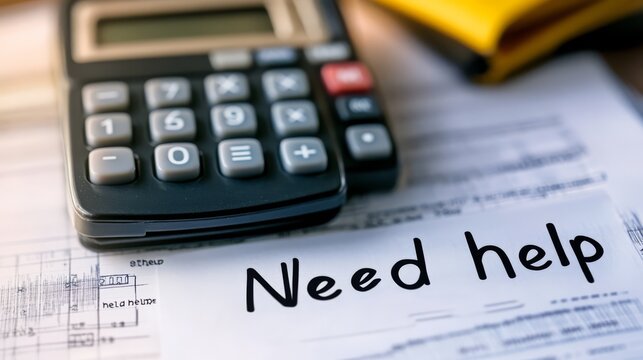 Financial Stress: A close-up shot of a calculator and bills with the handwritten message "Need Help" evokes a sense of financial struggle and the need for support.  