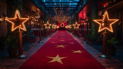 A glamorous Hollywood-themed party decor featuring a red carpet walkway, golden star decorations, and velvet ropes, with film reel centerpieces on tables, elegant lighting casting soft glows,