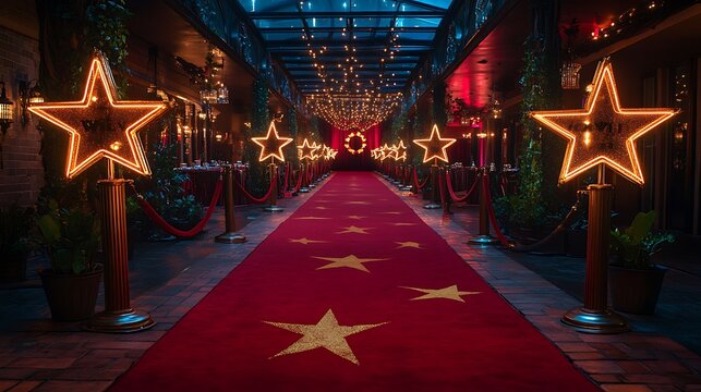 A glamorous Hollywood-themed party decor featuring a red carpet walkway, golden star decorations, and velvet ropes, with film reel centerpieces on tables, elegant lighting casting soft glows,