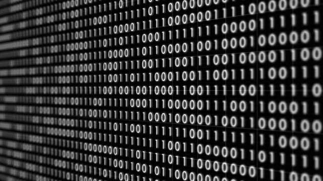 Horizontally moving rows of dense binary code, consisting of 1s and 0s, represent the fundamental data structure of digital communication and computer systems.
