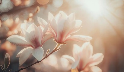 A close-up of delicate magnolia blossoms, their petals floating in the gentle breeze against an enchanting background