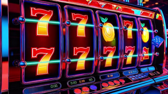 Close-up shot of a slot machine with the reels lined up with the number seven.