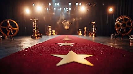 A Hollywood-style birthday party setup with a red carpet entrance, gold star cutouts, and classic film reel centerpieces,