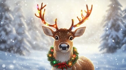 A beautiful Christmas reindeer, decorated with lights and ornaments, stands in the snow against a winter background