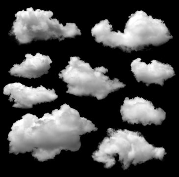 Set of white clouds isolated on black background. Fog or smog background. Collection of different types of clouds. 