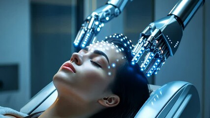 Futuristic ai therapy: woman relaxing under robotic hands with digital lights - Powered by Adobe