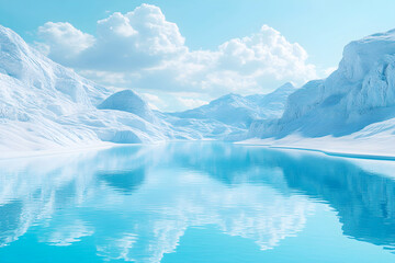 Fototapeta premium A serene winter landscape featuring snowy mountains and a reflective turquoise lake under a bright blue sky.