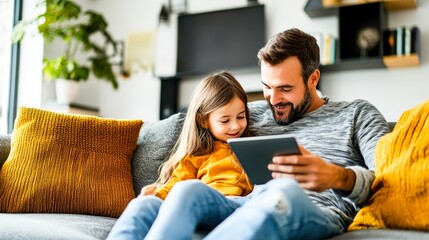 Obraz premium Father and girl looking at digital tablet while sitting on sofa in living room.