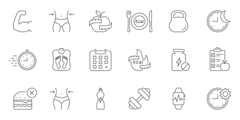 Workout, Fitness and Health Line Icons for Weight Loss and Diet Tracking. Health Care, Metabolism, Calorie Management. Editable Stroke. Isolated Vector Illustration