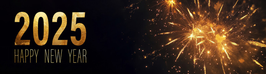 Obraz premium HAPPY NEW YEAR 2025 holiday long wide banner panorama greeting card with text - silvester New Year's Eve Sylvester Party background- Colorful firework fireworks pyrotechnics black night sky