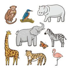 Hand drawn cartoon animals vector illustrations set.