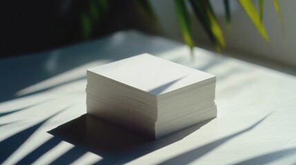 A stack of blank white business cards with a shadow of a plant in the background.