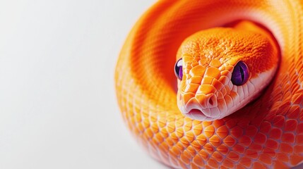 Fototapeta premium A vibrant orange snake with deep purple eyes, its body curling in smooth
