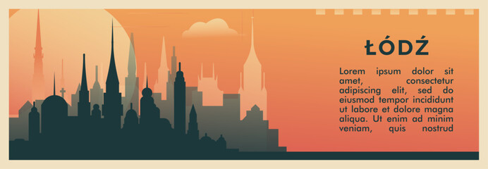 Obraz premium Lodz city brutalism vector banner with skyline, cityscape. Poland town retro horizontal illustration. Travel layout for web presentation, header, footer
