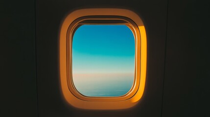 A view of the clouds and a blue sky through an airplane window with a warm light glow.
