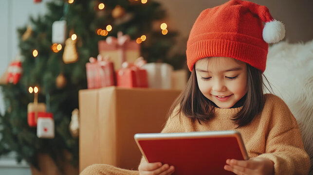 Cozy girl in red hat enjoying tablet by Christmas tree