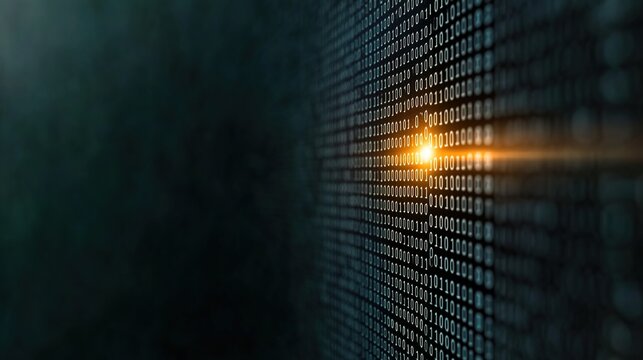 Glowing Binary Code in a Digital Matrix Grid