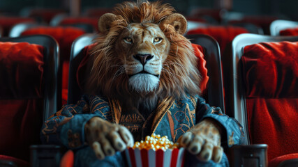 A Lion Dressed in Human Clothes Enjoying a Movie at a Cinema. Generative AI