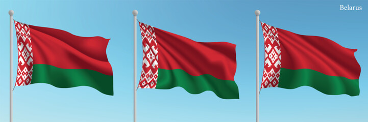 Set of Three Flags of Belarus Waving in Clear Blue Sky