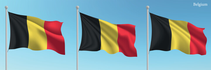 Set of Three Flags of Belgium Waving in Clear Blue Sky