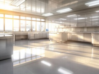 Obraz premium Bright and Spacious Modern Laboratory with Sunlight Reflection on Clean Floors