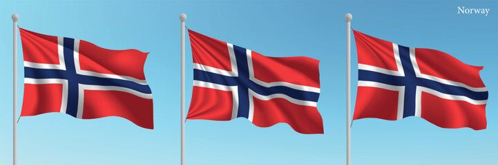 Fototapeta premium Set of Three Flags of Norway Waving in Clear Blue Sky
