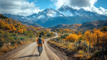 Biker riding on a dirt road through autumn mountains.