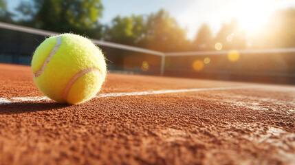 vibrant tennis ball bounces on clay court, capturing essence of game. warm sunlight enhances scene, creating lively atmosphere for tennis enthusiasts