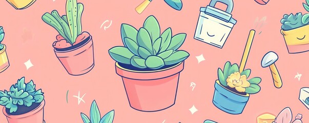 A playful pattern featuring various potted plants and gardening tools on a pink background.