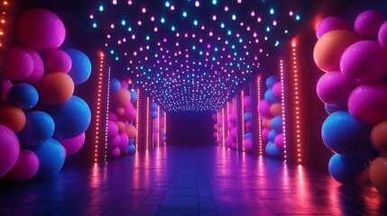 A neon glow party with black lights, UV-reactive decorations, and glow-in-the-dark balloons, LED strips creating a pattern on the walls, vibrant colors filling the space,
