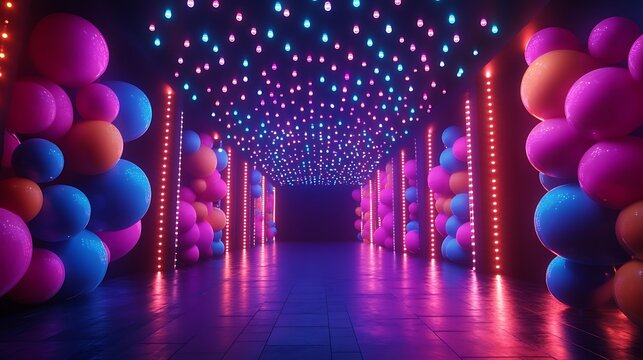 A neon glow party with black lights, UV-reactive decorations, and glow-in-the-dark balloons, LED strips creating a pattern on the walls, vibrant colors filling the space,