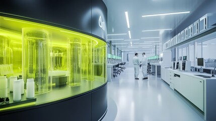 Fototapeta premium Modern Research Laboratory: Two scientists in white coats collaborate in a cutting-edge laboratory, focused on innovation and scientific discovery. The sterile.