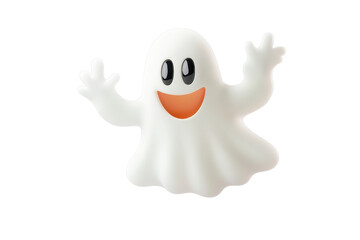 Fototapeta premium Happy cartoon ghost with a smiling face, waving hands, and a playful expression, perfect for Halloween or playful design themes.