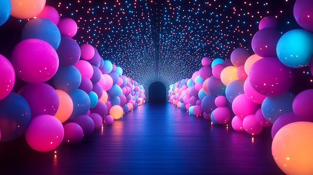A neon glow party with black lights, UV-reactive decorations, and glow-in-the-dark balloons, LED strips creating a pattern on the walls, vibrant colors filling the space,