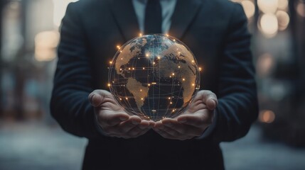 Fototapeta premium A businessman holds a glowing globe, symbolizing global connectivity and technology.