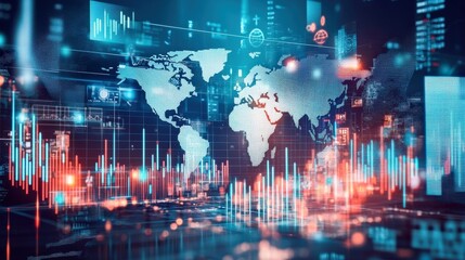 A conceptual image of global financial trends, with financial graphs, bar charts