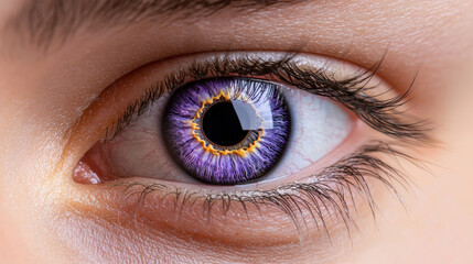 Obraz premium close up view of human eye showcasing vibrant purple and blue colors, highlighting intricate details and textures. striking iris captivates with its unique pattern and vivid hues